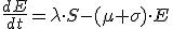 \frac{dE}{dt}=\lambda{\cdot}S-(\mu+\sigma){\cdot}E