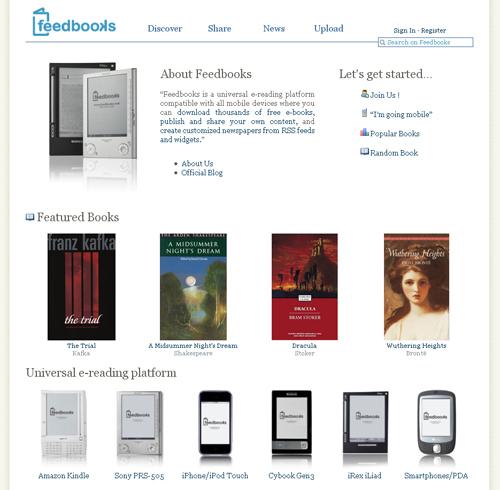 Contrairement à Fnac.com, Feedbooks propose un catalogue conséquent, multiformats Capture de la page d'accueil du site Feedbooks, 10 novembre 2008