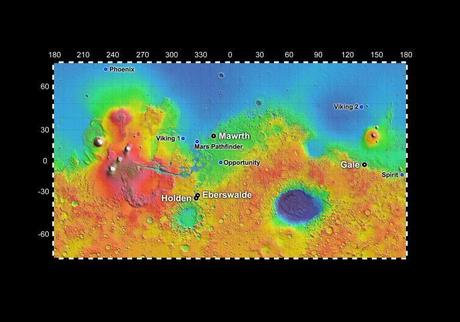 Sites probables datterrissage pour la mission Mars Sicence Laboratory en 2009