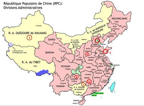 Chine: Carte fixant géographiquement les cas humains H5N1.