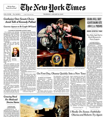 Le Une du New York Times, 22 Janvier 2009