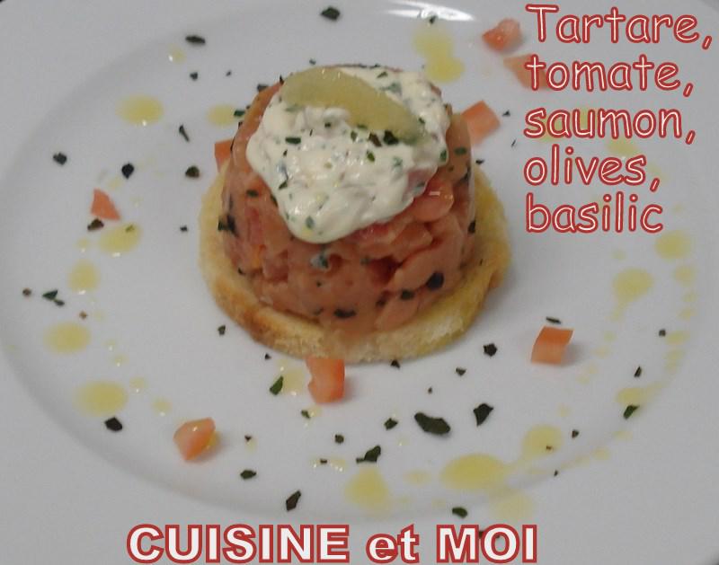 Tartare saumon tomate, olives, basilic