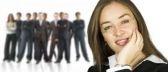 business woman in glasses with her team - focus on woman stock photo
