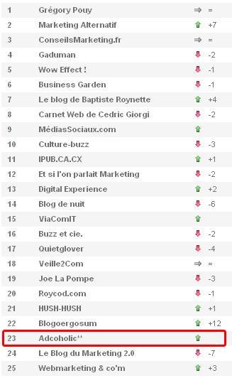 Entrée dans le TOP 25 du classement Wikio Marketing !