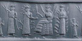 Sceau-cylindre Akkadien 2340 av.J.C.Nidaba déesse de l'orge et de l'écriture et la purification
