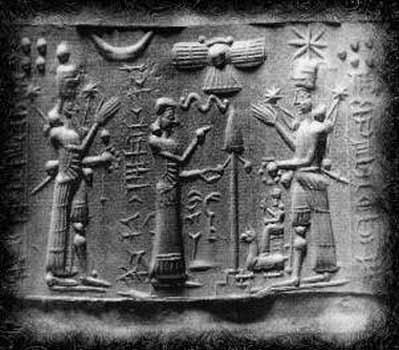 Sceau-cylindre 1600-800 Ishtar et amblème de Marduk protecteur de Baylonne