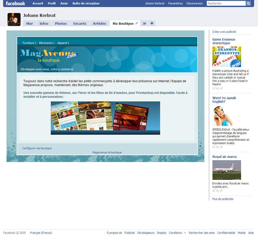 Page d'accueil application Facebook pour Magento et Prestashop
