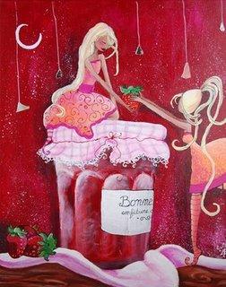 deux fées l'une assise sur un pot de confiture l'autre sur la pointe des pied est en train de donner une fraise. c'est un pot de confiture bonne maman les petites fées on des chausettes rayés des cheveux longs et des grandes robes, cette peinture cette illustration aété réalisée par laure phelipon illustratrice