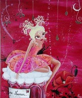 Une petite fée aux cheveux bouclés avec deux couettes est assise sur un bocal de confiture, sur lequelle le couvercle est en dentelle. elle regarde la lune. le décor est féerique. elle a de grands yeux. cette peinture, illustration a été réalisée par l'illustratrice laure phelipon