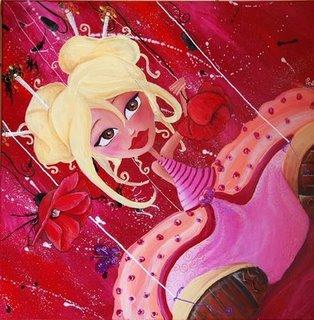 Une petite fée ou princesse en marionnette assise par terre avec de grandes chaussures dont on voit les semelles elle a de grands yeux et des petits chignong, une coiffure chinoise, elle souris et tient des coquelicots dans sa main le fond est très travaillé. cette illustration peinture acrylique sur toile a été réalisée par l'illustratrice laure phelipon