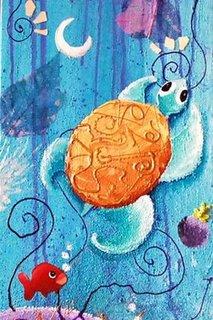une tortue qui nage dans des fonds aquatique sous marin, des couleurs chaudes bleus, du rêve un poisson rouge. cette illustration, cette peinture a été réalisée par laure phelipon