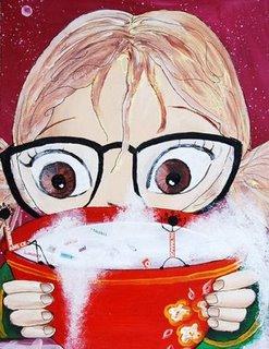 petit princesse fée fillette avec des couettes qui mange de la soupe illustratrice illustration peinture bol rouge avec des fleurs