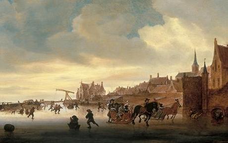 Salomon Jacobsz van Ruysdael - Escena de invierno con patinadores y trineos ante una ciudad