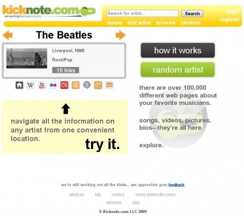 Kiknote 500x442 Kicknote, trouvez facilement les profils sociaux de vos artistes préférés