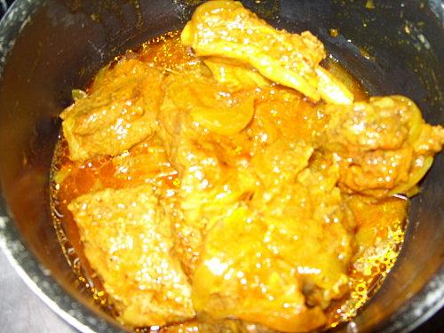 Poulet aux pommes de terre et à la sauce rouge