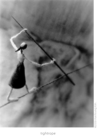 fighting fish stuio black and white photo illustration image tightrope figure blindfolded