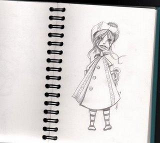 croquis d'une petite fille en manteau et chaussette rayées qui cache un cadeau dans son dos, illustration réalisée par l'illustratrice laure phelipon.