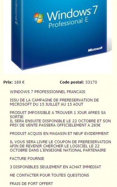 Windows 7 : revente sur eBay et Rue du Commerce surchargж
