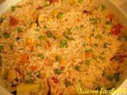 Salade de riz aux carottes, petits pois, courgette, maïs, tomate, moules et crevettes