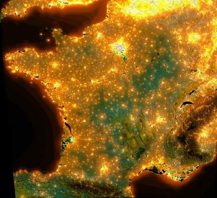 carte de la pollution lumineuse en France