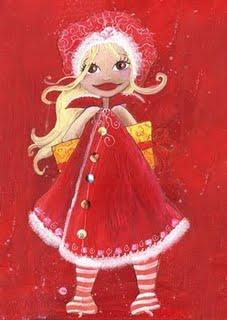 une petite fille fée princesse qui cache un cadeau dans son dos, elle a un manteau rouge avec de la doudoune blanche et un bonnet de laine rouge