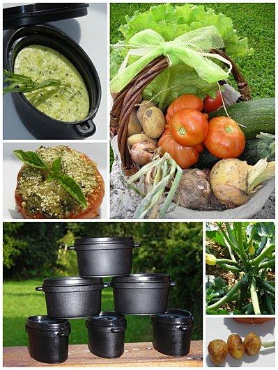 Assortiment de légumes d'été : flan de courgette, brochette de grenailles et tomate provençale
