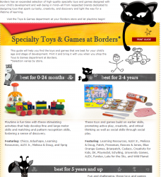 Des jouets dans la section littérature jeunesse de Borders