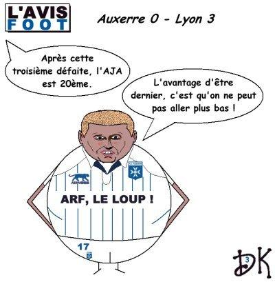 Tags : Auxerre-Lyon 0-3, football, ligue, AJA, OL, Benoit Pedretti, troisième défaite, 20ème vingtième, dernier, humour, dessin humoristique, gag, sport, caricature, parodie, joke, image