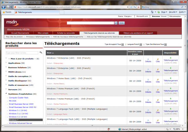 Windows 7 en français sur MSDN, Technet et MSDNAA