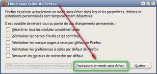 Démarrer Firefox en mode sans échec - panneau d'options