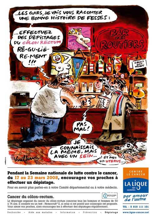 dessin de Vuillemin pour la campagne 2008 de dépistage du cancer du côlon rectum - cliquer sur l'image pour l'agrandir et lire les bulles !