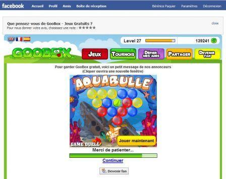 Goobox chez Facebook affiche de la publicité durant le chargement, oct. 2009 Goobox chez Facebook affiche de la publicité durant le chargement