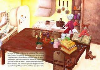 Une illustration de laure illustratrice d'une mamie qui fait des confitures avec sa petite fille dans une jolie cuisine lumineuse avec tout pleins de fruit casserolles d'accessoire pour cuisiner en bazar !