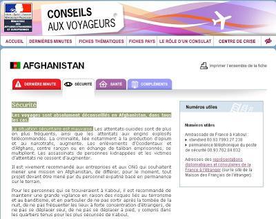 AFGHANISTAN : la fiche sur le site du Ministere des Affaires étrangères.