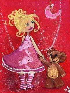 laure illustratrice, illustration d'une petite fille qui tient son nounours par la main en regardant la lune sur fond rouge.