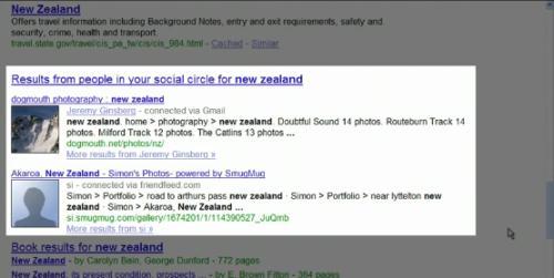 Un résultat Google social search pour la requête Nouvelle-Zélande