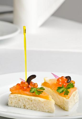 canape with red kaviar and smoked salmon par starush