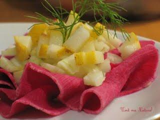 Salade de Fenouil & Poires sur Chiffonade de Radis ''Red Meat'' aromatisée aux Huiles Essentielles d'Aneth & Coriandre