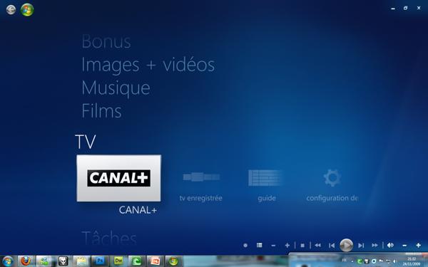 Canal+, disponible depuis l'interface du Media Center de Windows 7