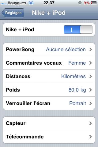 Paramètre Nike + iPod activés