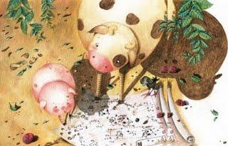 Illustration intérieur du cochon qui cherche à voir le ciel avec l'aide de son amie la vache.