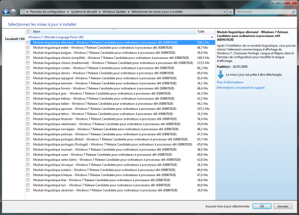 30 packs de langues disponibles en mises ŕ jour via Windows Update