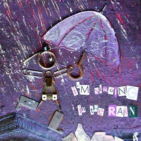 petite illustratrice sous la pluie est une illustration en collage réalisé pour la galerie carré d'artiste, la fille a des bottes un chapeau et un parapluie