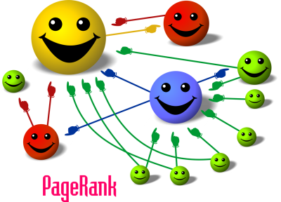 larry page rank, Illustration du PageRank avec bonhomme sourire de différentes couleurs et grosseur se pointant mutuellement du doigt