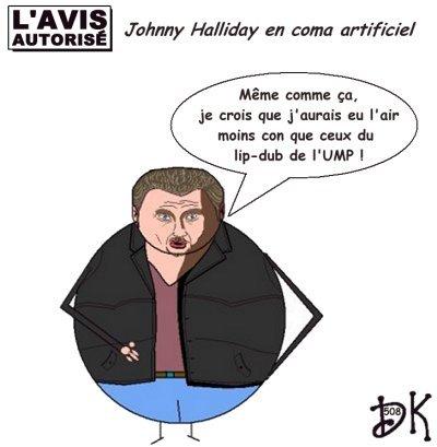 Tags : Johnny Halliday, coma artificiel, chanteur, rockeur, opération, lip-dub UMP, ridicule, play-back, dessin humoristique, gag politique, dessin humour, image, joke drôle, parodie, caricature, Laeticia