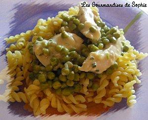 Pâtes au poulet et petits pois, sauce moutarde