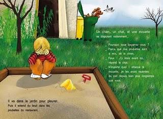 illustration par l'illustratrice laure d'un Petit garçon triste dans le bac à sable et derrière, un chat, un chien et une mouette qui se dispute dans les poubelles du restaurant