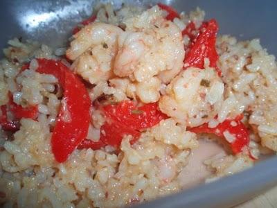 Riz risoté au dukka, poivron rouge et crevettes