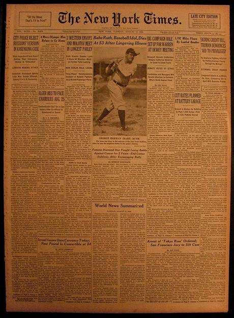 La Une du New York Times annonçant le décès de Babe Ruth.