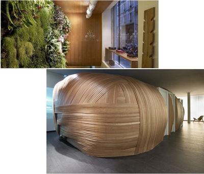 Deux images du spa Six Senses : le mur végétal et les cocons de bois